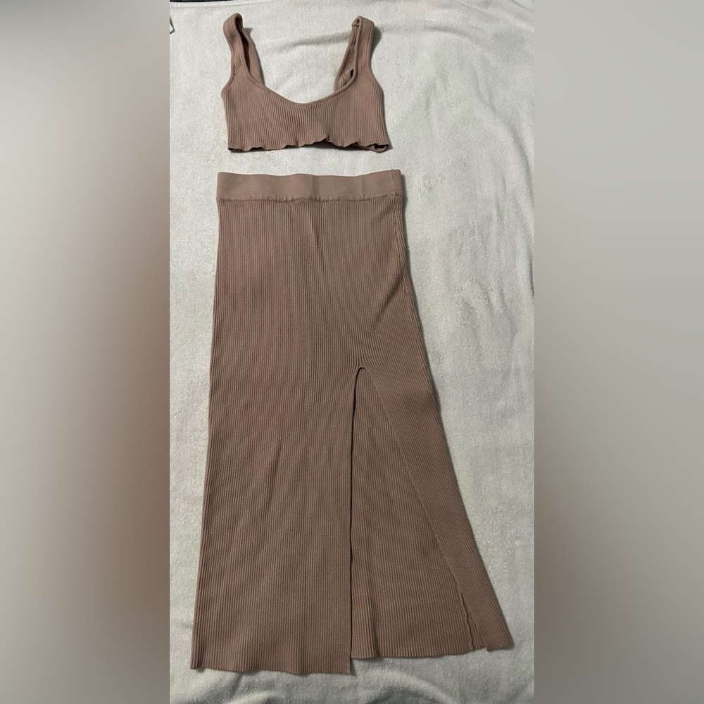 American Threads Ribbed Knit Skirt Set Brown Crop Tank + Midi Skirt - Size M